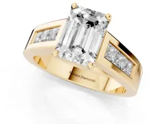 Emerald Cut Diamond Solitaire Ring Set in Yellow gold with Channel-Set Accent Stones and Prong Setting