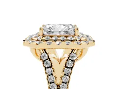 Radiant Cut Diamond Double Halo Ring Set in Yellow gold with Pavé Split Shank and Prong Setting