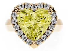 Fancy Yellow Heart Cut Diamond Halo Solitaire Engagement Ring Set in Yellow gold with Square Band and Prong Setting