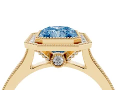 Fancy Blue Radiant Cut Diamond Halo Milgrain Pavé Band Ring Set in Yellow gold with Prong Setting