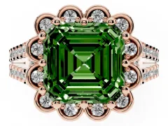 Fancy Green Asscher Cut Diamond Floral Halo Split Shank Engagement Ring Set in Rose gold with Pavé Shank