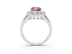 Fancy Pink Princess Cut Diamond Milgrain Halo Solitaire Ring Set in Platinum with Bezel Set Side Stones and Pavé Band