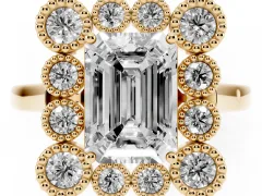 Emerald Cut Diamond Cluster Halo Ring Set in Yellow gold with Milgrain Bezel Accents and Plain Band