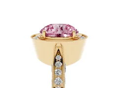 Fancy Pink Round Cut Diamond Halo Engagement Ring Set in Yellow gold with Accent Split Shank Band