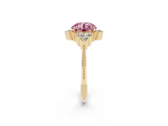 Fancy Pink Round Cut Diamond Cluster Ring Set in Yellow gold with Beaded Band