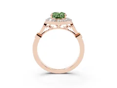 Fancy Green Oval Cut Diamond Halo Engagement Ring Set in Rose gold with Twisted Band and Prong Setting