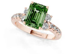Fancy Green Emerald Cut Diamond Three-Stone Pavé Ring Set in Rose gold with Prong Setting