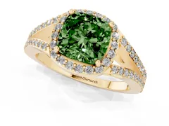 Fancy Green Cushion Cut Diamond Halo Split Shank Pavé Ring Set in Yellow gold with Prong Setting