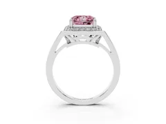 Fancy Pink Princess Cut Diamond Halo Ring Set in White gold with Accent-Lined Split Shank and Prong Setting