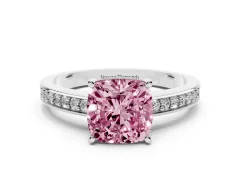 Fancy Pink Cushion Cut Diamond Pavé Band Prong Set Solitaire Ring Set in Platinum