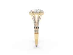 Oval Cut Diamond Halo Split Shank Pavé Ring Set in Yellow gold with Prong Setting