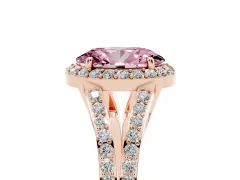 Fancy Pink Oval Cut Diamond Halo Split Shank Pavé Ring Set in Rose gold with Prong Setting