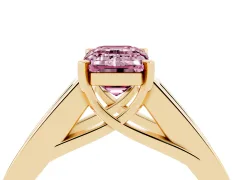 Fancy Pink Emerald Cut Diamond Solitaire Ring Set in Yellow gold with Channel-Set Accent Stones and Prong Setting