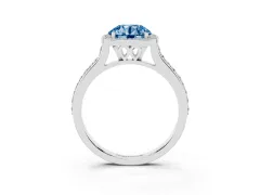 Fancy Blue Round Cut Diamond Halo Engagement Ring Set in Platinum with Round Pavé Shoulders and Heart Gallery