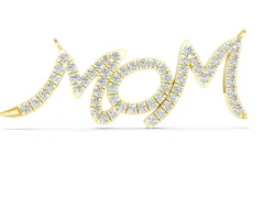 Pavé Round Diamond Mom Script Pendant Set in Yellow gold with Prong Setting