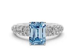Fancy Blue Emerald Cut Diamond Pavé Band Solitaire Ring Set in White gold with Close-Set Accent Stones and Prong Setting