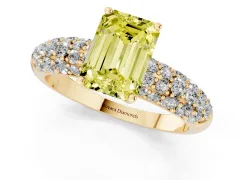 Fancy Yellow Emerald Cut Diamond Pavé Band Solitaire Ring Set in Yellow gold with Close-Set Accent Stones and Prong Setting