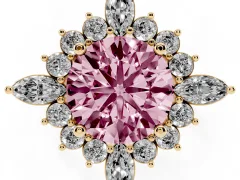 Fancy Pink Round Cut Diamond Cluster Halo Ring Set in Yellow gold with Marquise and Round Accents