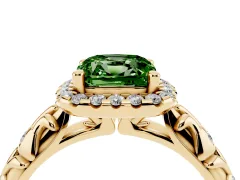 Fancy Green Cushion Cut Diamond Halo Ring Set in Yellow gold with Filigree Leaf Band and Prong Setting
