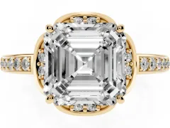 Asscher Cut Diamond Halo Ring Set in Yellow gold with Channel Set Band and Prong Setting