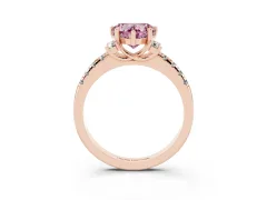 Fancy Pink Heart Cut Diamond Three-Stone Pavé Ring Set in Rose gold with Prong Setting