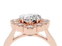 Heart Cut Diamond Cluster Halo Ring Set in Rose gold with Milgrain Bezel Accents and Plain Band