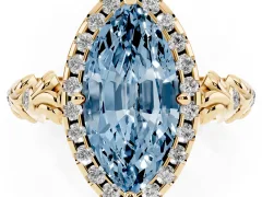 Fancy Blue Marquise Cut Diamond Halo Ring Set in Yellow gold with Filigree Leaf Band and Prong Setting