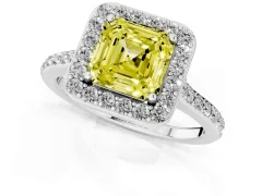 Fancy Yellow Asscher Cut Diamond Halo Engagement Ring Set in Platinum with Round Pavé Shoulders and Heart Gallery