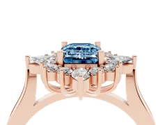 Fancy Blue Emerald Cut Diamond Cluster Halo Ring Set in Rose gold with Marquise and Round Accents