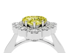 Fancy Yellow Heart Cut Diamond Cluster Halo Ring Set in White gold with Milgrain Bezel Accents and Plain Band