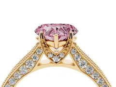 Fancy Pink Heart Cut Diamond Solitaire Ring Set in Yellow gold with Milgrain-Edged Pavé Band and Prong Setting