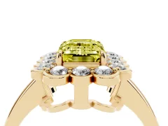Fancy Yellow Emerald Cut Diamond Halo Cluster Engagement Ring Set in Yellow gold with Solitaire Band and Prong Setting