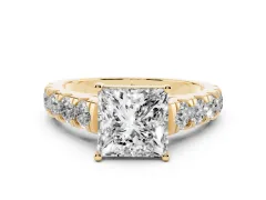 Princess Cut Diamond Solitaire Ring Set in Yellow gold with Cut-Down Micro Pavé Band and Prong Setting