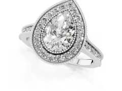 Pear Cut Diamond Halo Milgrain Pavé Band Ring Set in White gold with Prong Setting