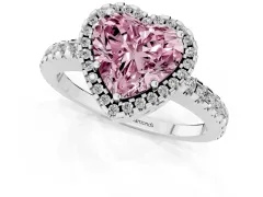 Fancy Pink Heart Cut Diamond Halo Ring Set in White gold with Pavé Shoulders and Halo-Framed Center