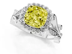 Fancy Yellow Cushion Cut Diamond Halo Ring Set in Platinum with Leaf Motif Split Shank and Prong Setting