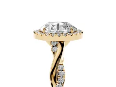 Round Cut Diamond Halo Twist Band Solitaire Ring Set in Yellow gold with Prong Setting