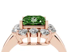 Fancy Green Princess Cut Diamond Milgrain Halo Solitaire Ring Set in Rose gold with Bezel Set Side Stones and Pavé Band