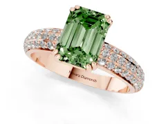 Fancy Green Emerald Cut Diamond Solitaire Ring Set in Rose gold with Multi-Row Round Pavé Band and Prong Setting