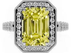Fancy Yellow Emerald Cut Diamond Milgrain Halo Solitaire Ring Set in Silver with Bezel Set Side Stones and Pavé Band