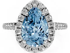 Fancy Blue Pear Cut Diamond Pavé Halo Engagement Ring Set in Platinum with Pavé Band and Prong Setting