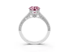 Fancy Pink Round Cut Diamond Solitaire Ring Set in White gold with Milgrain-Edged Pavé Band and Prong Setting