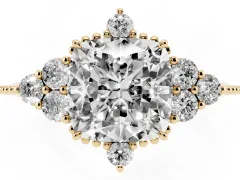 Cushion Cut Diamond Cluster Ring Set in Yellow gold with Beaded Band
