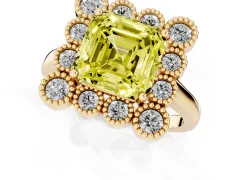 Fancy Yellow Asscher Cut Diamond Cluster Halo Ring Set in Yellow gold with Milgrain Bezel Accents and Plain Band