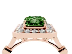 Fancy Green Radiant Cut Diamond Halo Engagement Ring Set in Rose gold with Twisted Band and Prong Setting