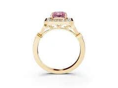 Fancy Pink Radiant Cut Diamond Halo Engagement Ring Set in Yellow gold with Twisted Band and Prong Setting
