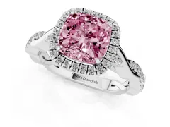 Fancy Pink Cushion Cut Diamond Halo Twist Band Solitaire Ring Set in White gold with Prong Setting