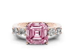Fancy Pink Asscher Cut Diamond Five-Stone Prong Set Band Ring Set in Rose gold with Polished Band