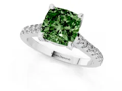 Fancy Green Cushion Cut Diamond Solitaire Ring Set in Silver with Brilliant Pavé Band and Prong Setting