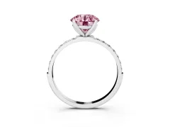 Fancy Pink Round Cut Diamond Solitaire Engagement Ring Set in Platinum with Round Pavé Band and Prong Setting